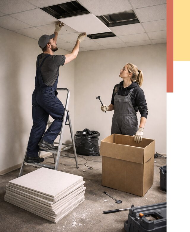 Демонтаж потолочной плитки в Кирове от 4574 руб. быстро и недорого | ОТДЕЛОЧНИК-Кро