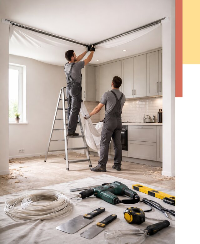 Установка натяжного потолка на кухне в Кирове от 2440 руб. | ОТДЕЛОЧНИК-Кро