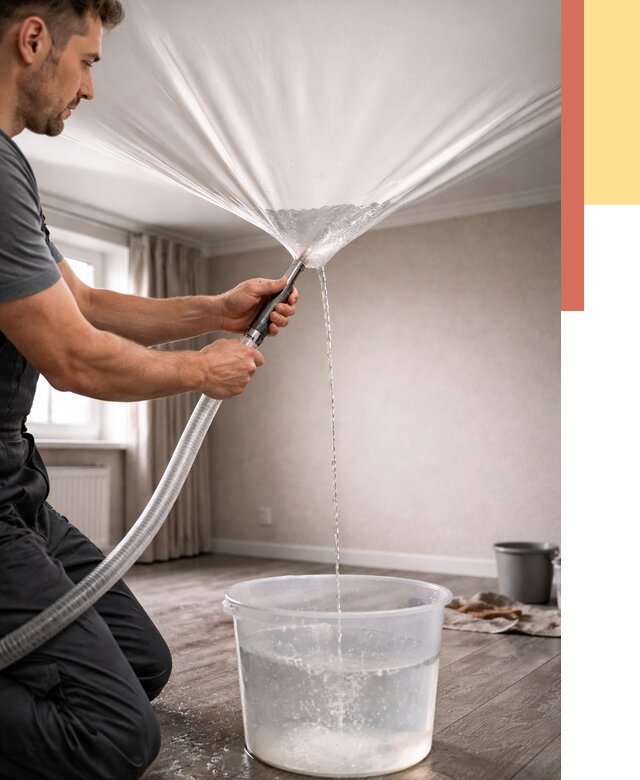 Слив воды с натяжного потолка в Кирове от 2541 руб. быстро и недорого | ОТДЕЛОЧНИК-Кро